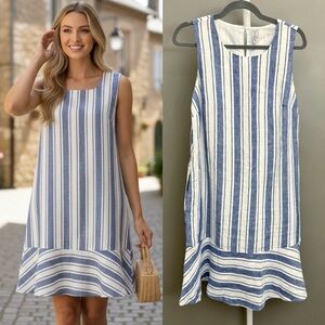 TRISTAN 100% Linen Blue & White Strips Sleeveless Summer Casual Midi Dress.Large
